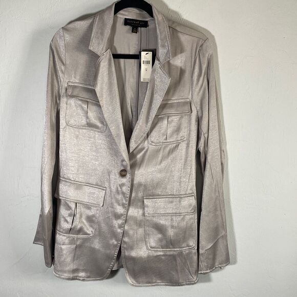 NWT Anthropologie Current Air Elerie Blazer Jacket Metallic Silver Size M - Picture 2 of 6